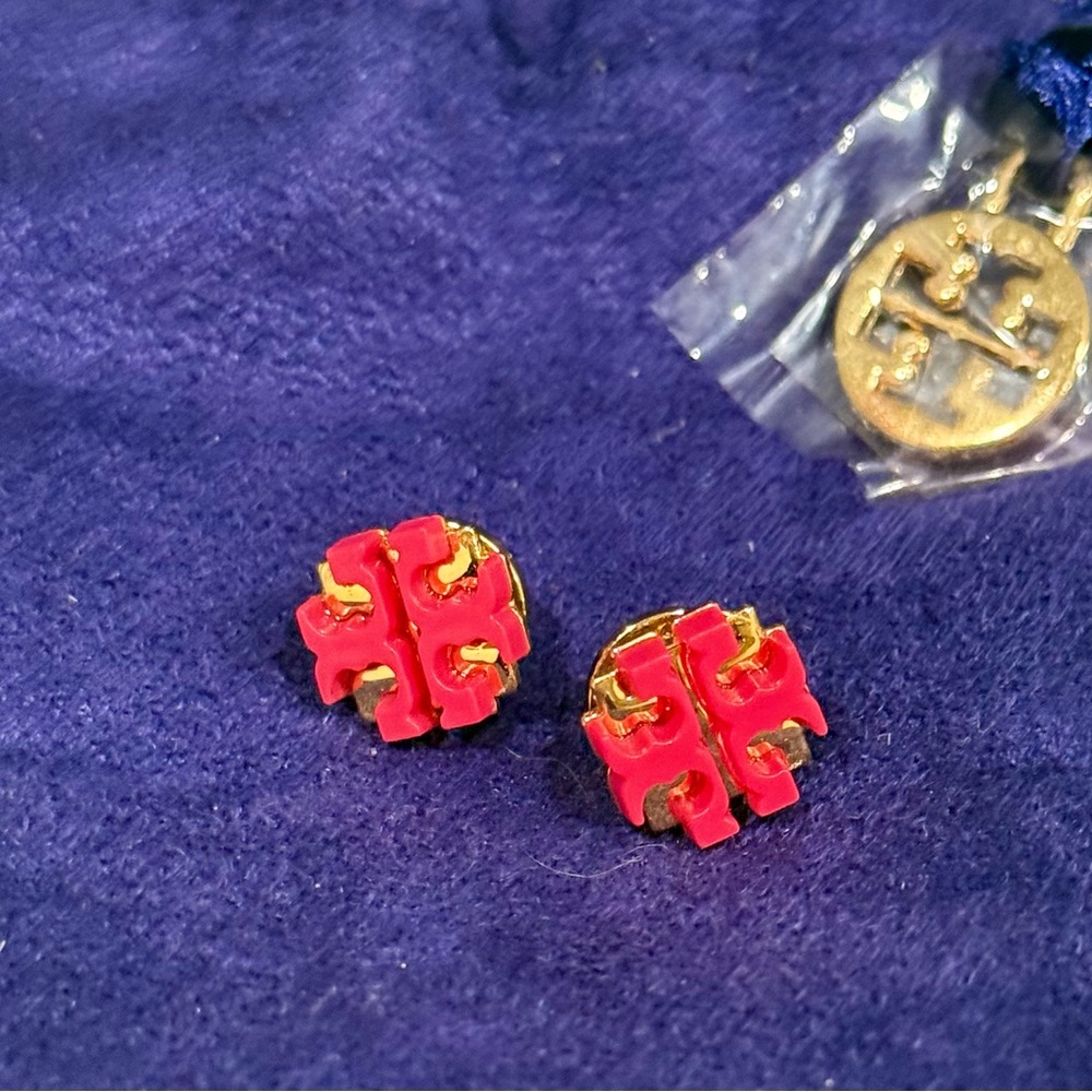 Tory Burch Pink and Gold Logo Stud Earrings